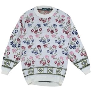 VTG Cabin Creek Knit Sweater Womens S Cream Floral Cottagecore Heritage Granny